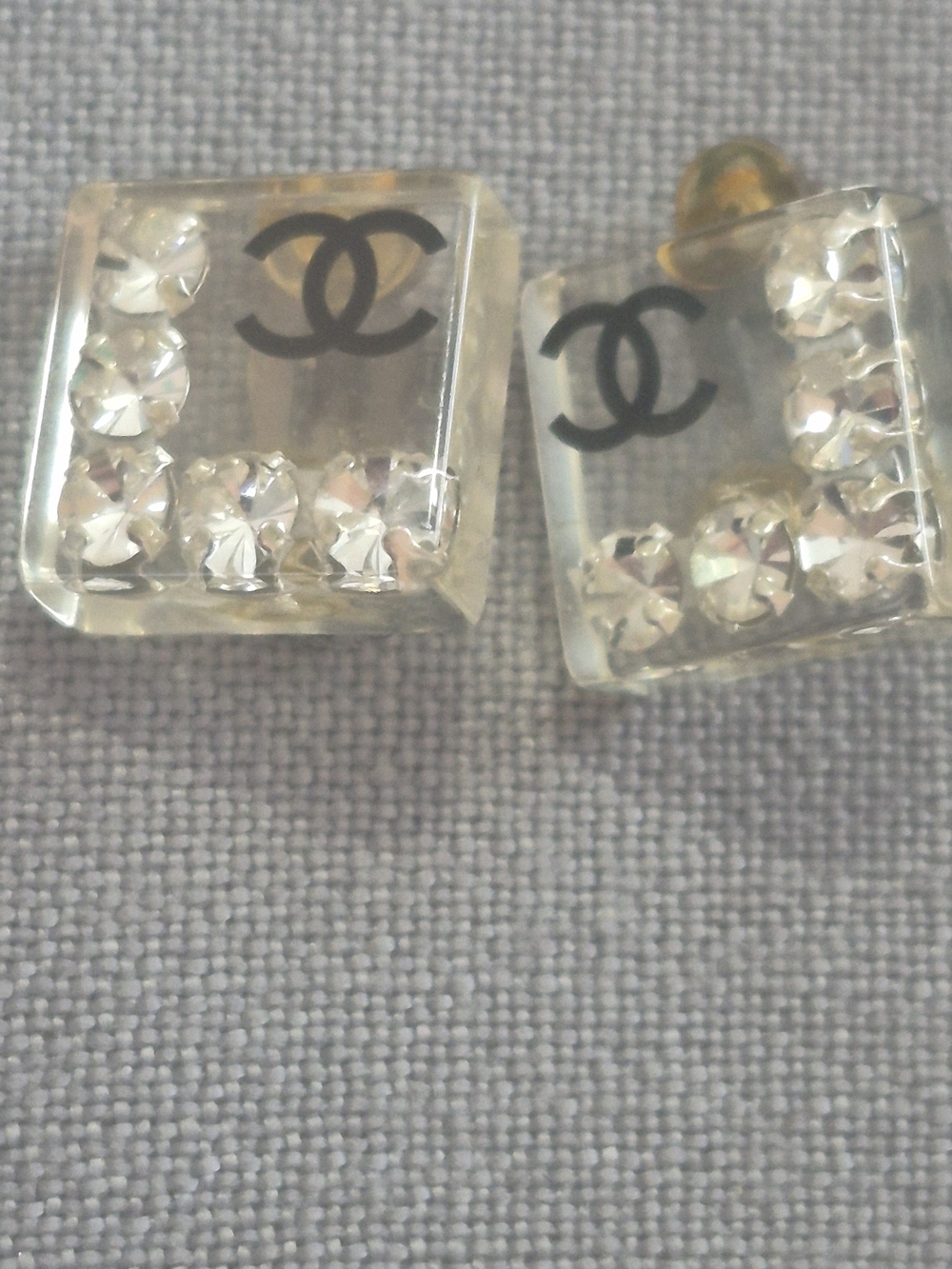 CHANEL Clear Square Crystal CC Logo Stud Earrings